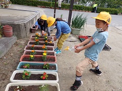 花を植え水をやる児童の画像