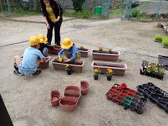 花をプランターに植える児童の画像