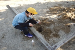 砂を集め地層を作る児童の画像