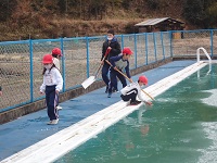 プールサイドから氷を引き寄せる児童の画像