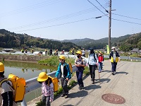 牧麓から山へ向かう児童らの画像