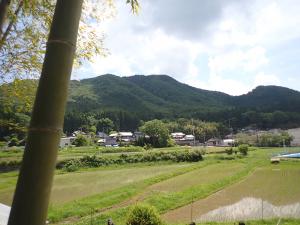 竹と学校と鴻応山をまっすぐ結ぶ画像