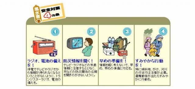 風水害安全対策4か条　1.ラジオ、電池の備えを！停電でテレビやラジオから情報が得られなくなるということがないように、トランジスタ