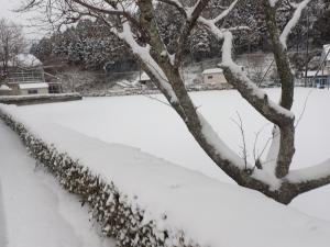 グランドも真っ白の雪景色の画像