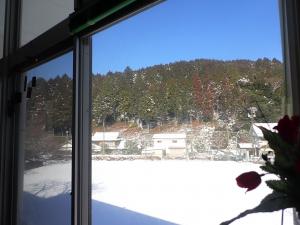 晴れた空にグラウンドの白い雪の画像