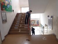 階段を掃き掃除する児童らの画像