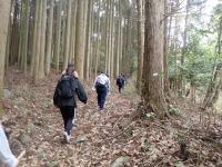 足取りも重くなってきた山道を行く先生らの画像