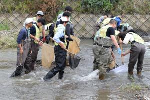 川の中を歩く参加者