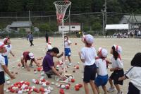 籠めがけて玉を投げる児童らの画像
