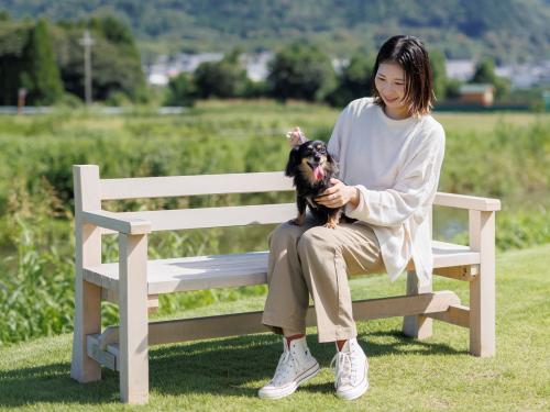 ベンチに座る飼い主と犬