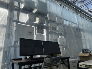 環境制御装置が並ぶハウス内