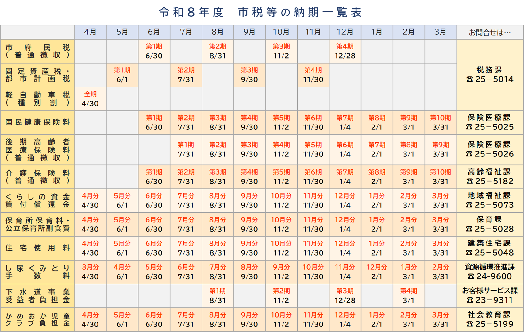 令和8年度納期一覧表
